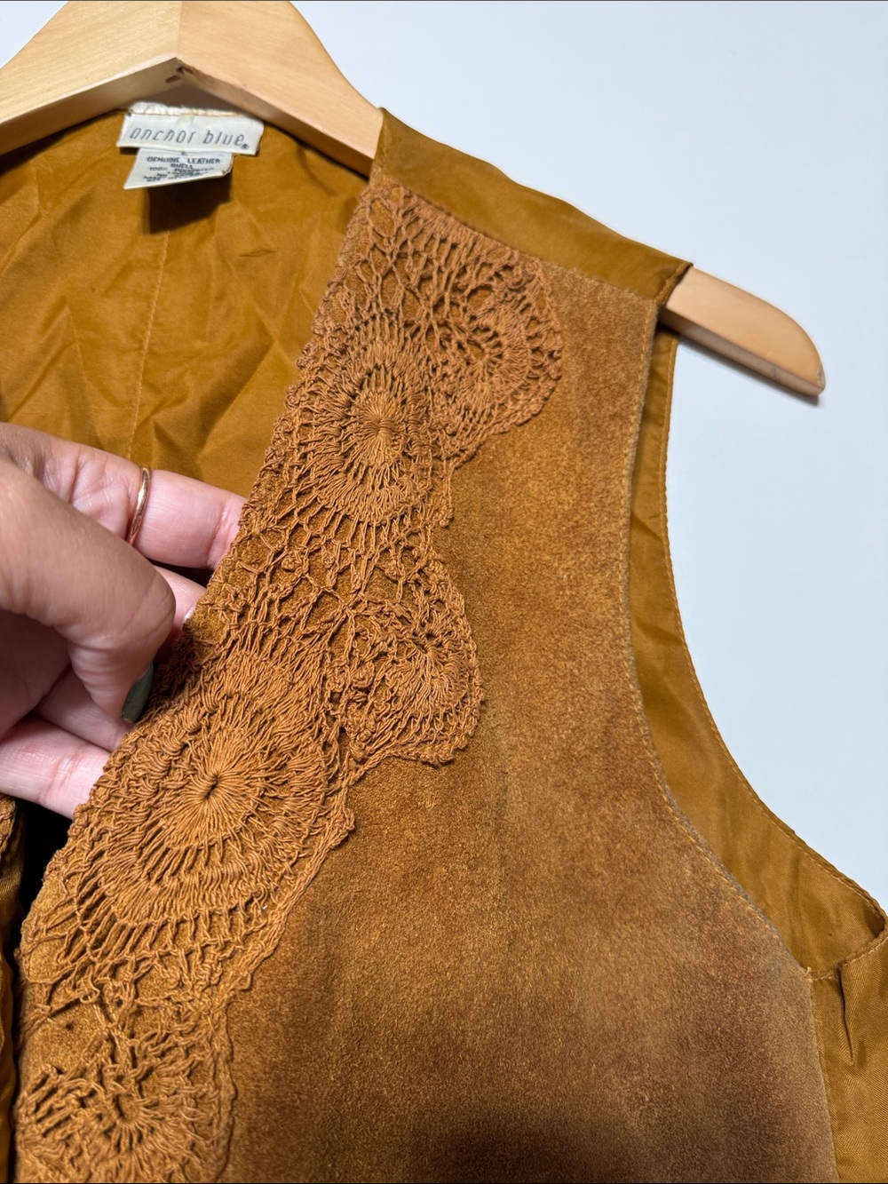 Anchor Blue Vintage Suede Leather Vest featuring lace embroidery details - Picture 9 of 15